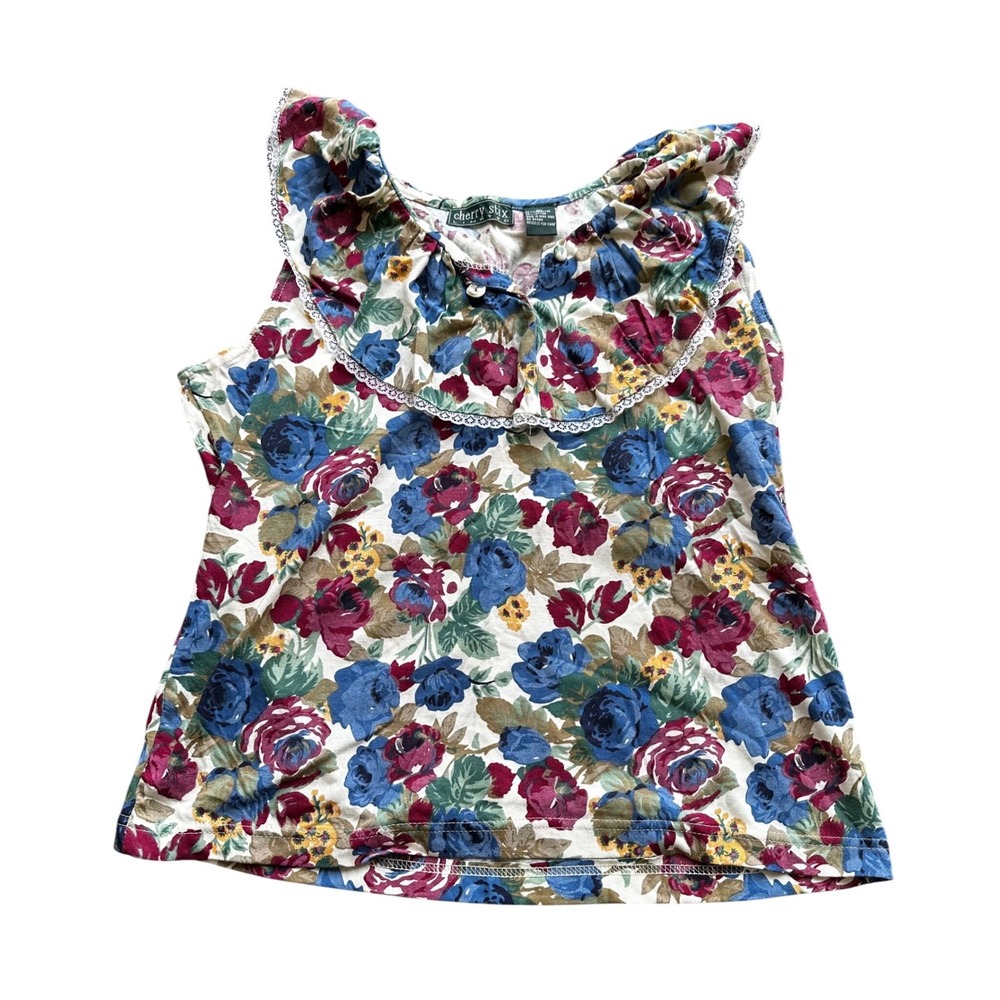 Vintage 1995 Cherry Stix‎ Floral Ruffle Lace Trim Sleeveless Top Womens Large L